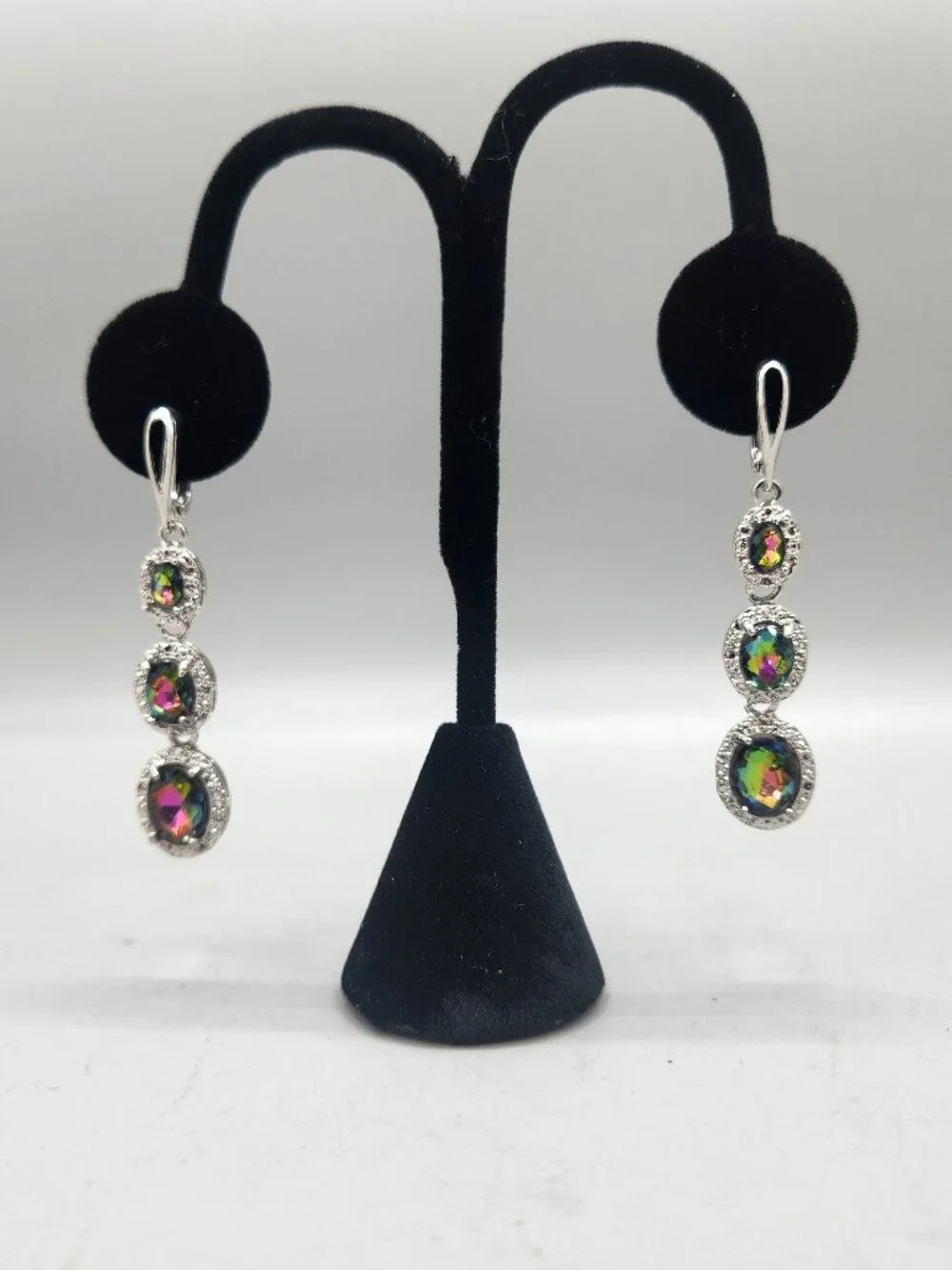 Rainbow Rhinestone Dangle Earrings Mystic Topaz Color Silver Tone Two Inch